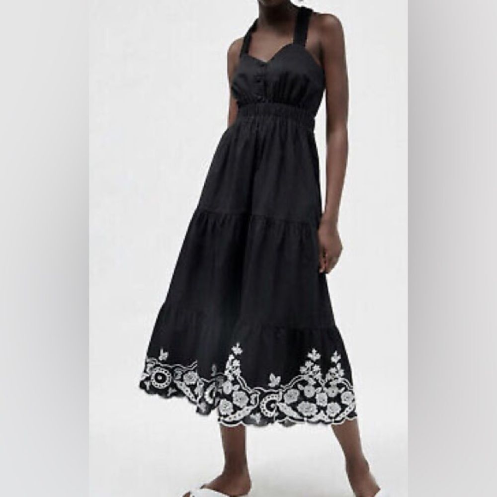 Zara black poplin embroidered midi dress with elastic cross back straps - Picture 2 of 11